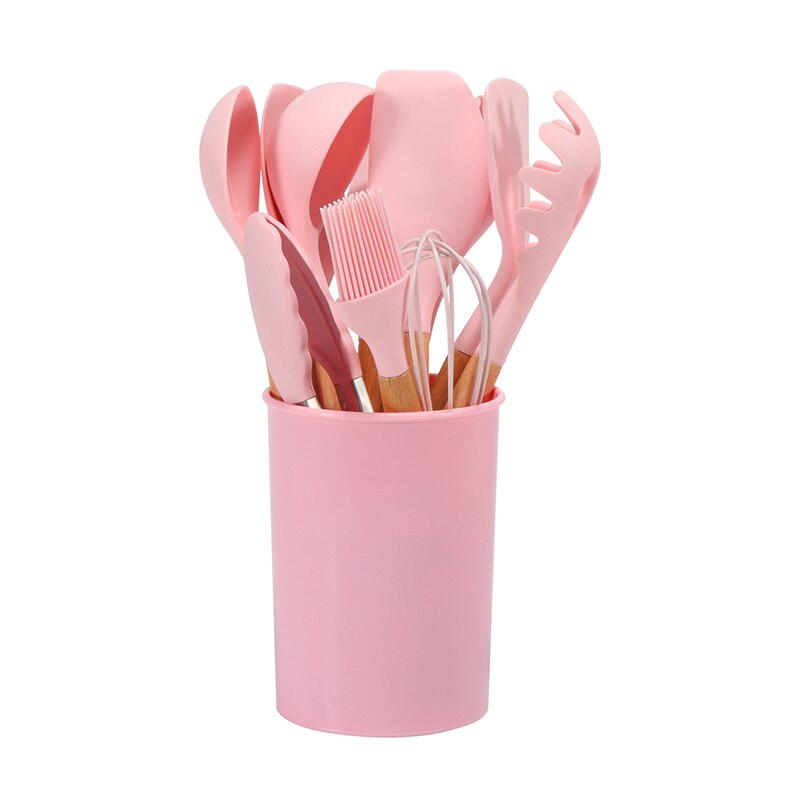 Kitchen Heat Resistant Cookware Silicone Non-stick Kitchenware Egg Beater BBQ Brush Food Tongs Soup Spoon Kitchen Utensils Set: 12pcs Pink