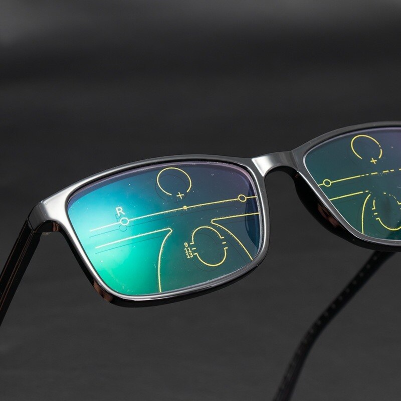 Gafas de lectura progresivas acabadas para hombre, gafas de presbicia fotocromáticas multifocales anti-azules TR, marco completo negro + 150