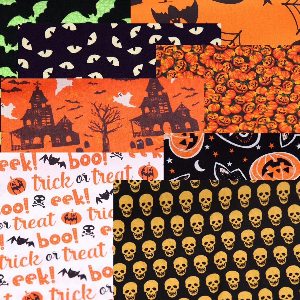 8Pcs 100% Cotton Fabric Cat Owl Pumpkin Skulls Halloween Decors for DIY Sewing Cotton Cloth Material 25x25cm