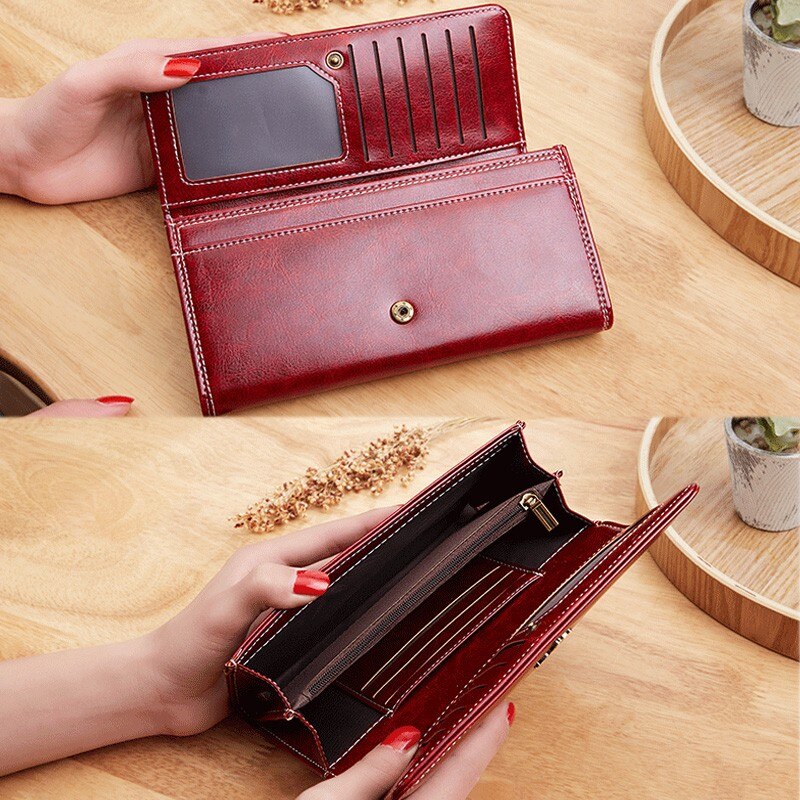 Women's Wallet Wax oil skin wallet portfel damski Lady Long Leather Clutch Bag Wallet Card Holder carteira feminina