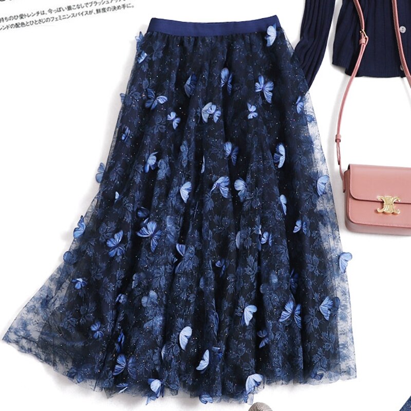 GIGOGOU 3D Schmetterling Frauen Chiffon Röcke Stickerei Floweral Gittergewebe Plissee Felsen 3 Schichten Lange Tüll Ballettröckchen Felsen Jupe Longue: Blau 1195
