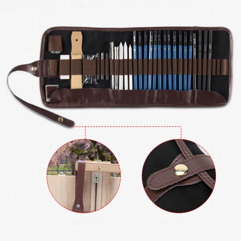 32 pièces ensemble de dessin de croquis Kit de crayon de charbon de bois Graphite sac de transport pour les étudiants d'art fournitures de peinture scolaire