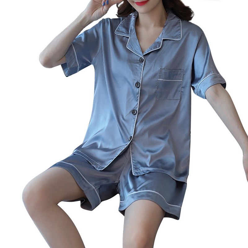Women Summer Comfortable Lapel Button Short Sleeve Shorts Pajamas Suit Two Piece Home Suit: D / M