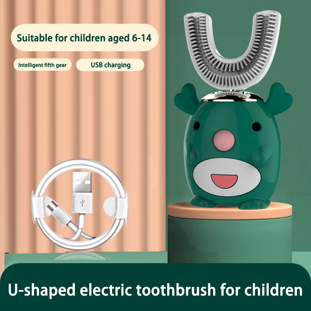 Smart 360 Graden U Elektrische Tandenborstel Kids Silicon Automatische Ultrasone Tanden Tandenborstel Cartoon Patroon Kinderen: green 6-14