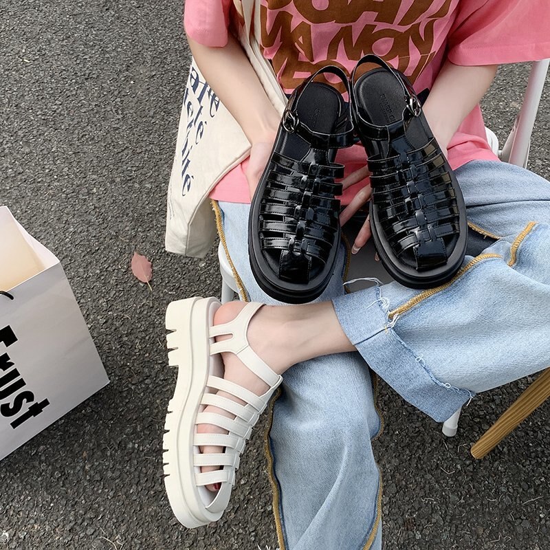 Women Sandals Gladiator Shoes Round Toe Platform Flat Sandals T-Strap Brand Ladies Footwear Black 40 AC941