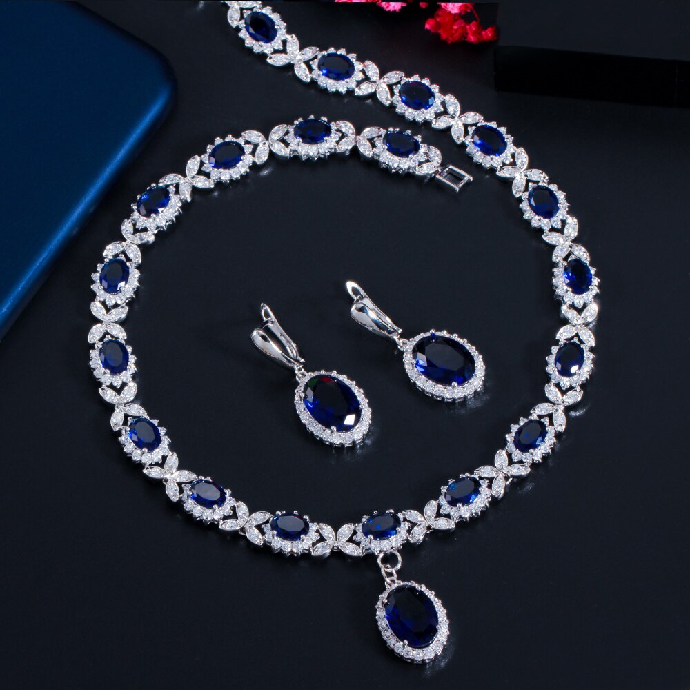 CWWZircons – collier en feuille de zircone cubique, couleur or blanc, bleu goutte, grand Costume de mariage pour femmes, ensemble de bijoux pour mariées, T523