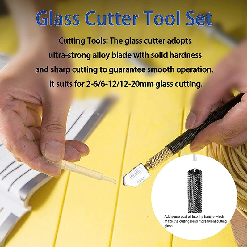 Oil Feed Glass Cutter Kit,Glass Cutting Tool With Handle, Ruler, Scriber Pen Etc, For Cutting Mirror, Tile And Glass