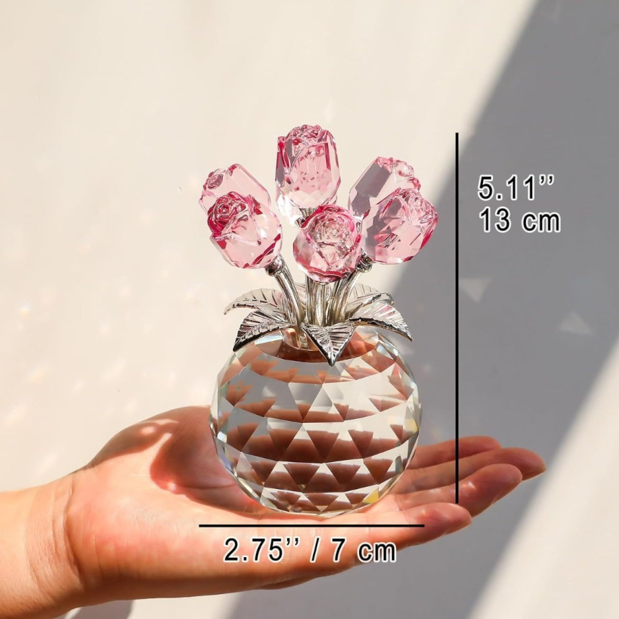 Crystal Red Rose Bouquet with Round Vase Figurines for Women Glass Bouquet Ornament Romantic Table Centerpiece: plum