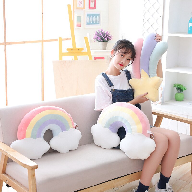 1 pc ins fargerik plysj lucky cloud raibow moon star puter dun bomull fylt dekor plysj pute pute for sofa stol