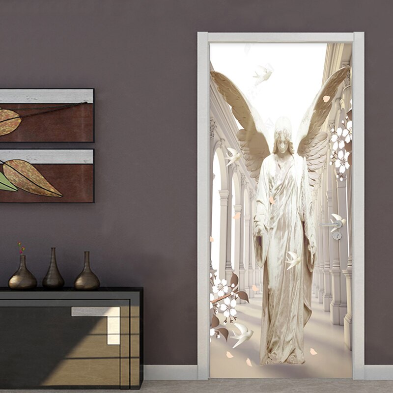 Zelfklevende Deur Sticker 3D Stereo Steen Carving Angel Vleugels Duif Behang Woonkamer Studie Creatieve DIY Deur Muur stickers