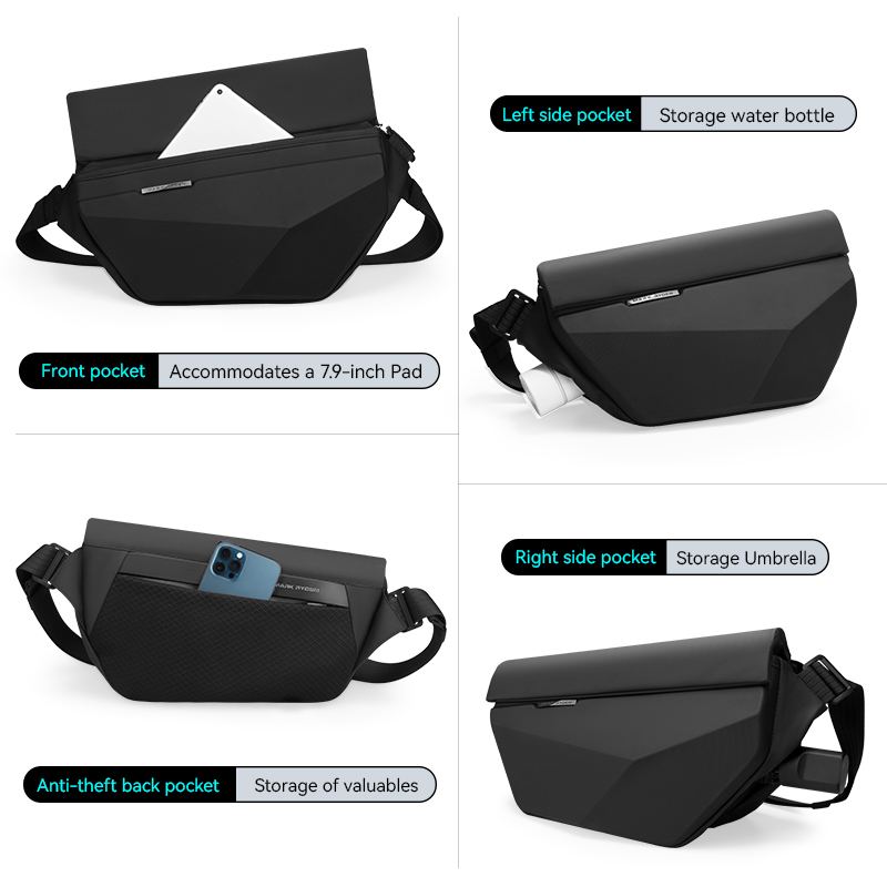 Mark ryden harde schoudertas voor heren met inzetstuk, gesp, magnetische klep, waterdichte crossbodytas voor heren, slingbag voor heren