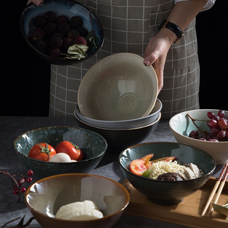 8 Inch Retro Ceramic Ramen Bowl Bamboo Hat Large Soup Bowls Household Fruit Beef Instant Noodle Bowl Japanese Commerce Tableware
