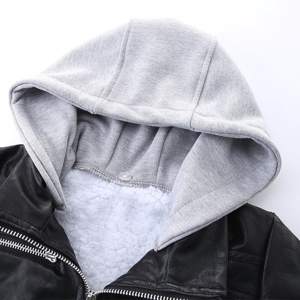 Mudkingdom Jongens Hooded Jassen Pu Lederen Winter Warm Lange Mouwen Fleece Jas Dikker Jongens Patchwork Bovenkleding Voor Peuter Tops