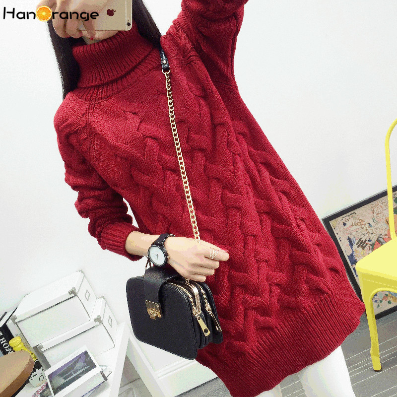 HanOrange Autumn Winter Korean Turtleneck Thick Loose Twist Long Women Sweater White/Red/Black