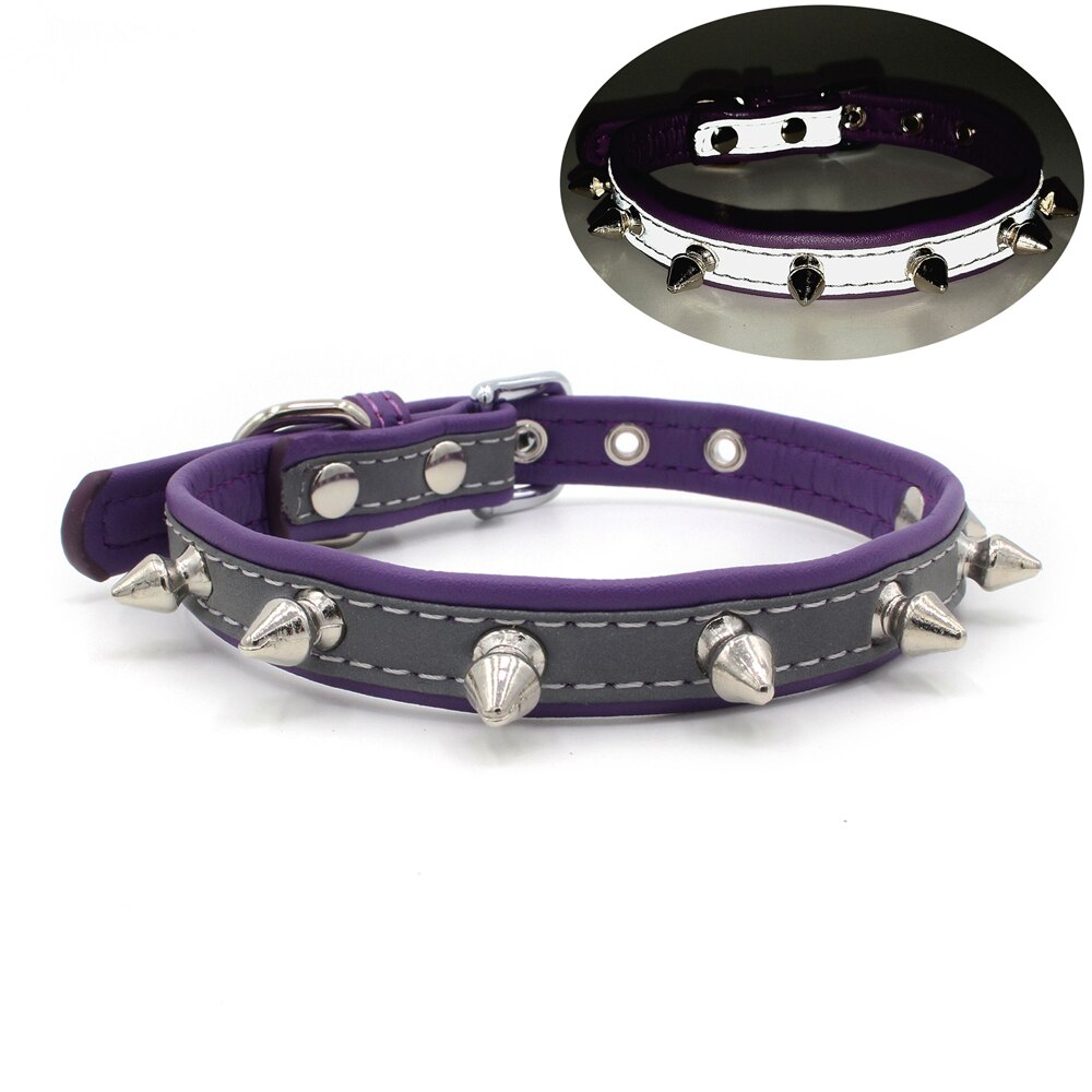 Met spikes versierde kleine grote kattenhalsband met klinknagels, hondenhalsband voor kittens, leren halsband voor pitbull en bullcat.: Paars / S