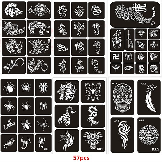 57 teile/satz henna Schablonen für Malerei Tiger Wolf Drache Spinne Pochoir Peinture Mehrweg funkeln Airbrush Schablone Vorlagen