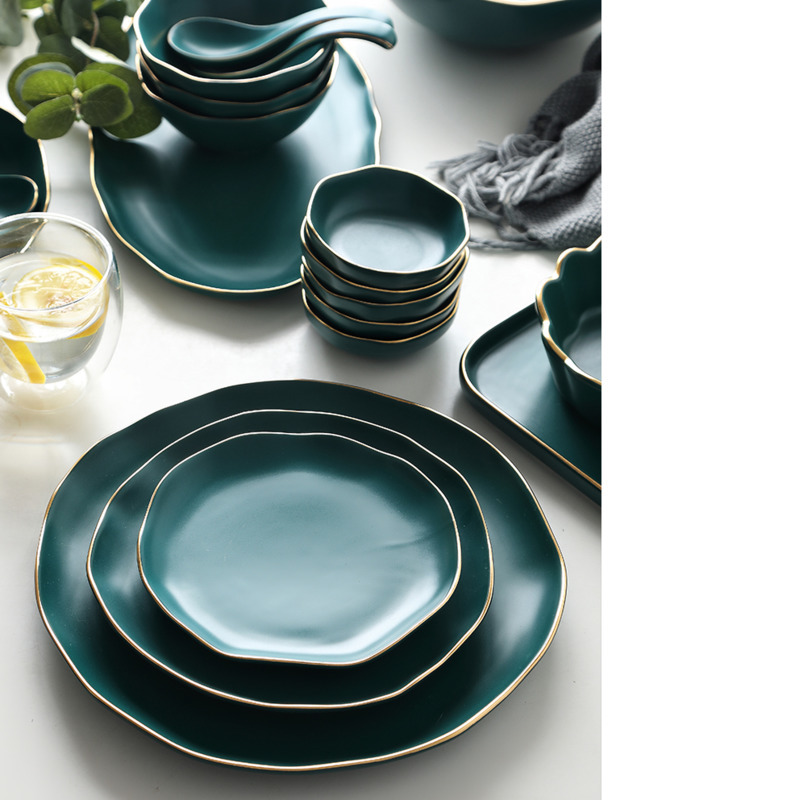 Plaat goud velg onregelmatige schotel thuis dineren plaat dark green keramische bestek set