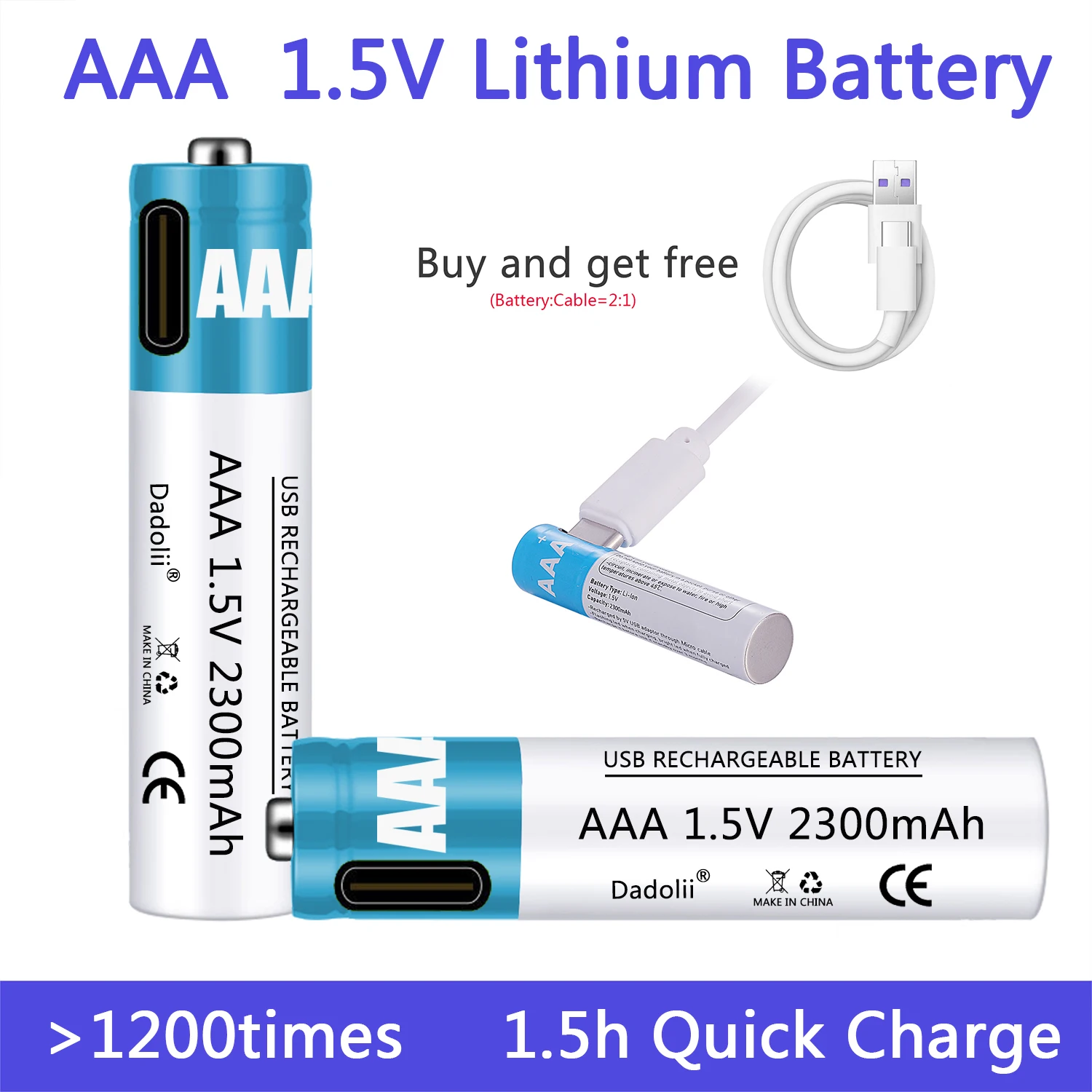 Batería recargable AAA de 1,5 V, batería de litio AAA de 2300mAh, carga rápida para control remoto, despertador, teléfono móvil, juguete