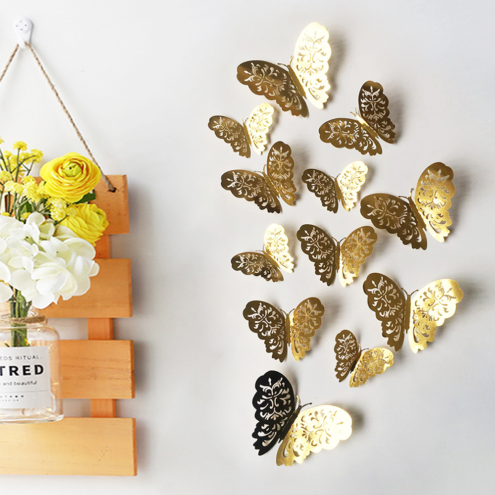 ¡Oferta! 12 unids/set de pegatinas de pared 3D mariposa hueca para decoración de la pared del hogar de las habitaciones de los niños DIY mariposas nevera adhesivos decoración de dormitorio