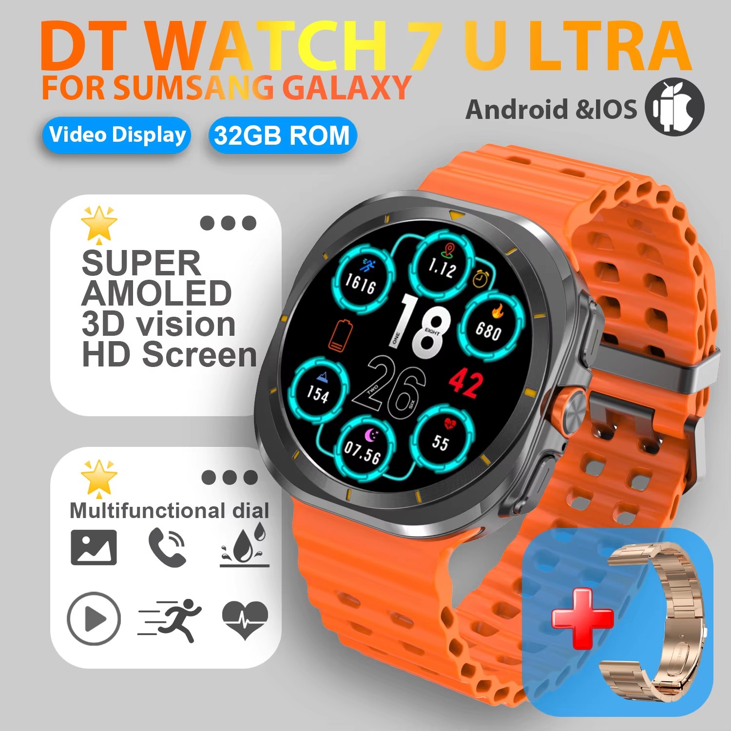 accorto guarda ultra 32GB memoria video NFC Schermo AMOLED HD da 1,43 pollici accorto guarda Uomo sport fitness inseguitore Smartwatch Donna: Argento