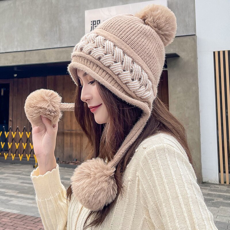 2022 Women Winter Ear Cap Ladies Woolen Hat Korean Earflap Knitted Outdoor Warm Snow Fiuffy Pompom Windproof Ski Cap: Khaki