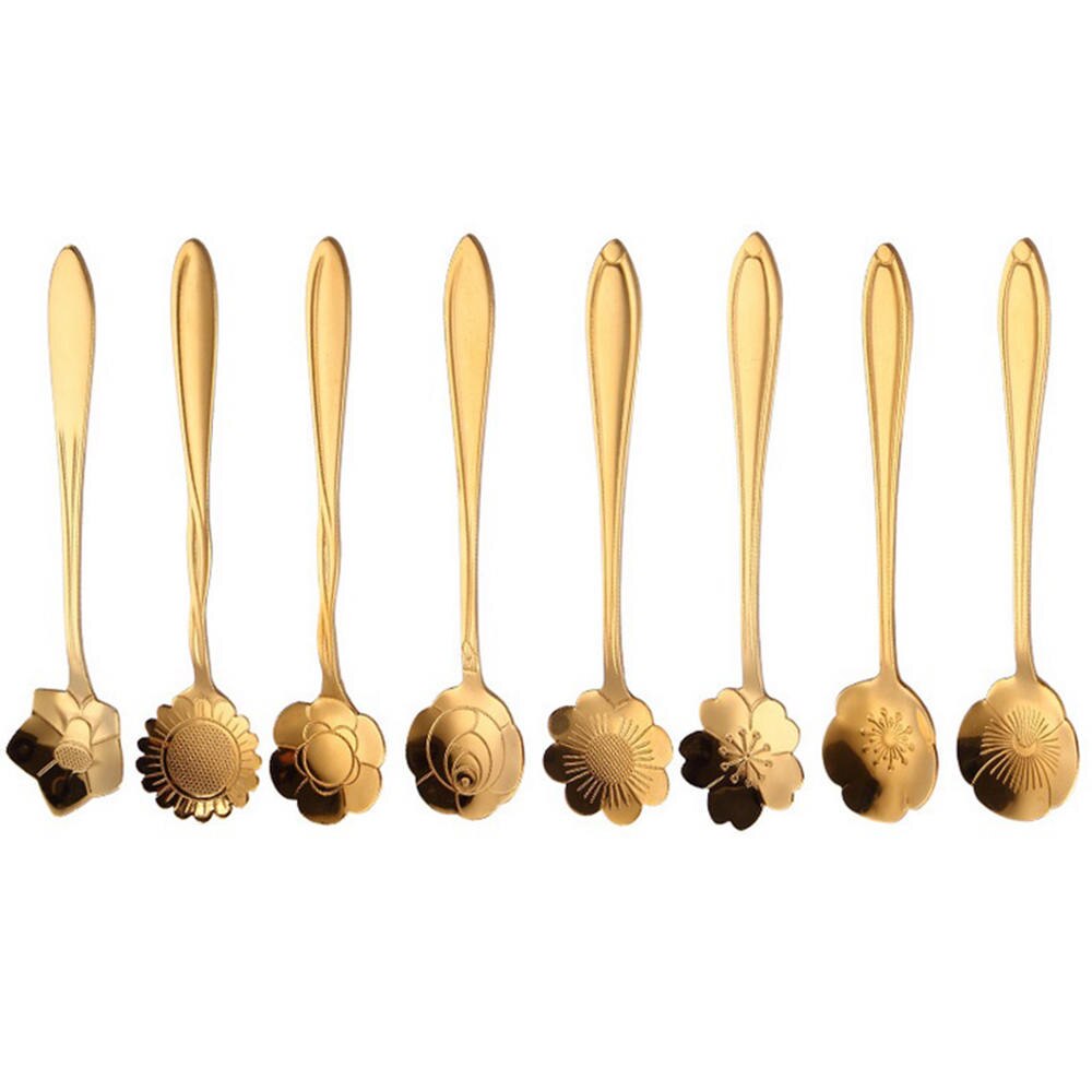 8 Pieces/Set Flower Shaped Spoon Dessert Coffee Stirring Scoop Long Handle Mini Dessert Spoons Tableware Decor