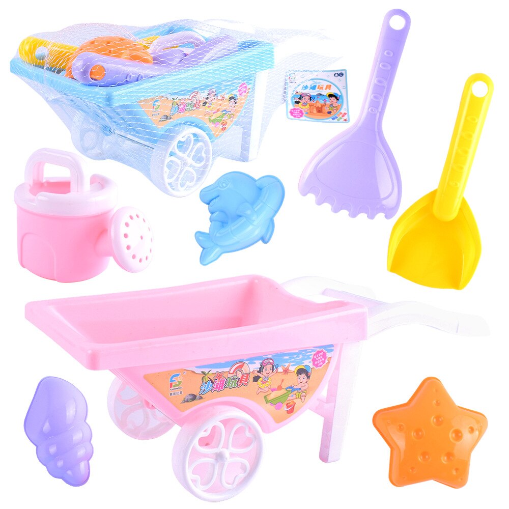 7Pcs/Set Kids Beach Toy Trolley Summer Beach Play Sand Kits Kettle Shovel Rake Mold Children Outdoor Water Fun Toys Random Color: 733A