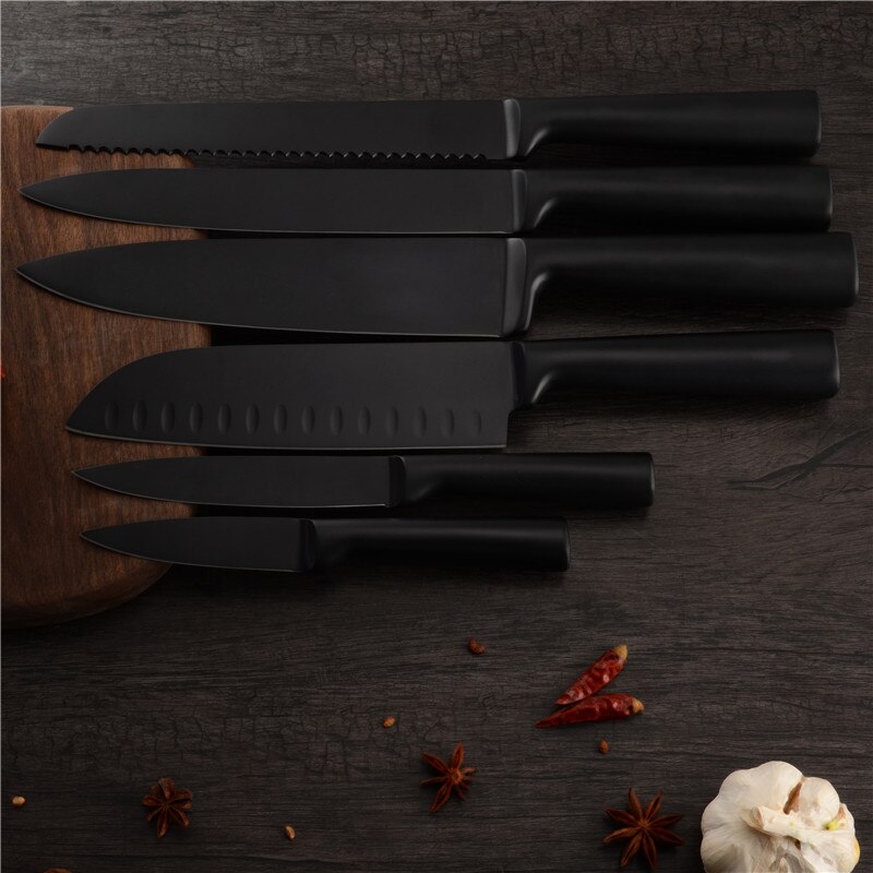 6pcs Stainless Steel Kitchen Chef Black Knives Set Chef Slicing Santoku Utility Paring Knives Meat Fruit Kitchen Accessories