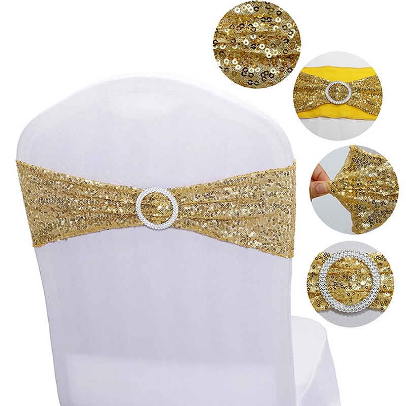 Sequin Chair Bands Stretch Spandex Chair Sash Band with Round Buckle for Wedding Events Banquet Decoration Party Supply