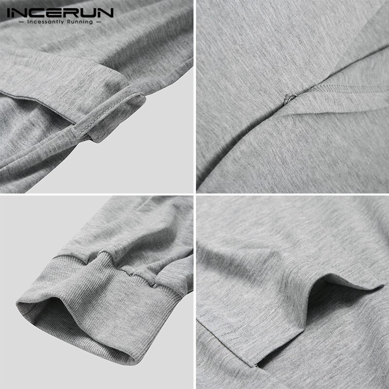 Leisure Solid Jumpsuits Sleepwear INCERUN Men Long Sleeve Buttons Hooded Drawstring Rompers Nightgown Loose Pockets Homewear 5XL