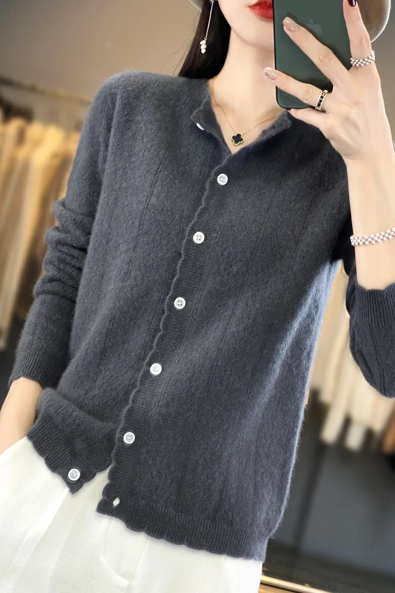 100% cárdigan abierto suelto de lana pura para mujer Otoño Invierno estilo ropa externa Top perezoso cuello redondo suéter de punto de manga larga: M / Rosa