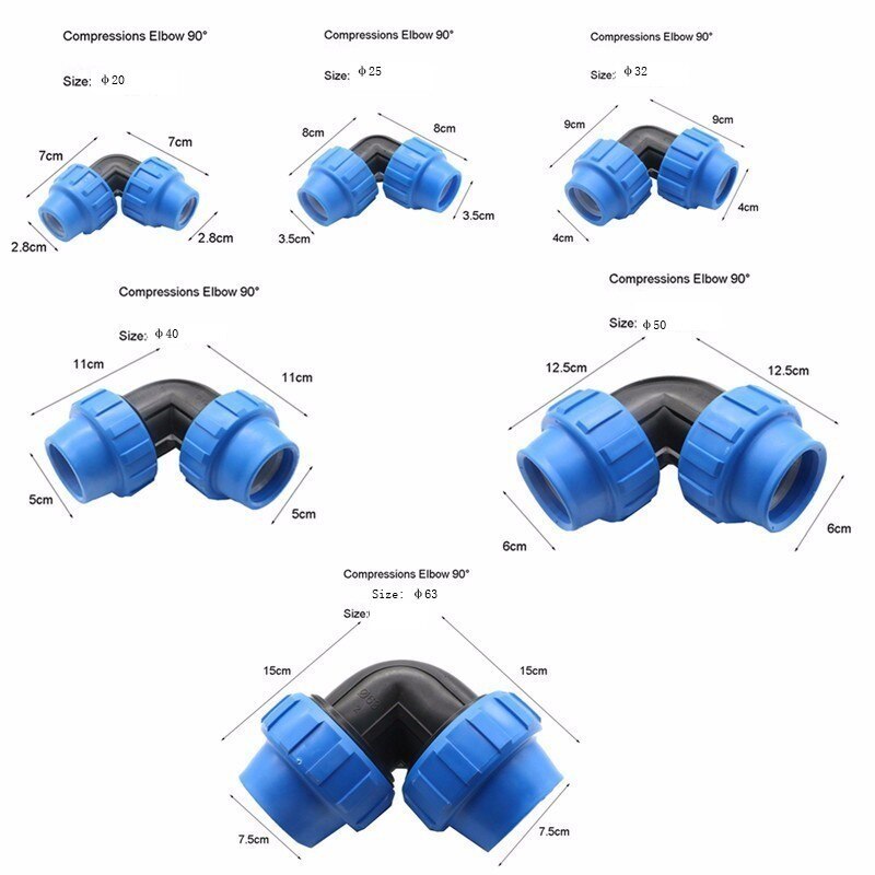 1pc HDPE Compressions Elbow 90 Degree Plastic Irrigation Water Supply Equal PP Compression Fitting PN 16
