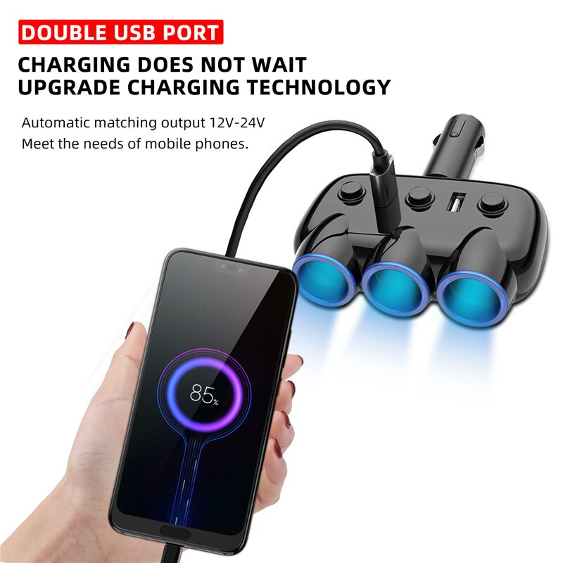 USLION 3 in 1 Dual USB Auto USB Car Charge Splitter Plug LED USB Charger Adapter 3.1A For iPhone 11 Pro Max Xiaomi Huawei