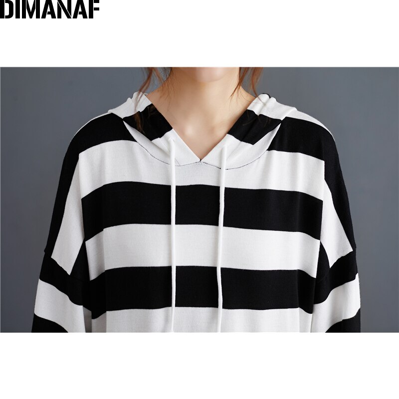 DIMANAF-vestido para mujer en tallas grandes estampado de otoño algodón rayado con capucha, ropa femenina, informal, suelto, manga larga