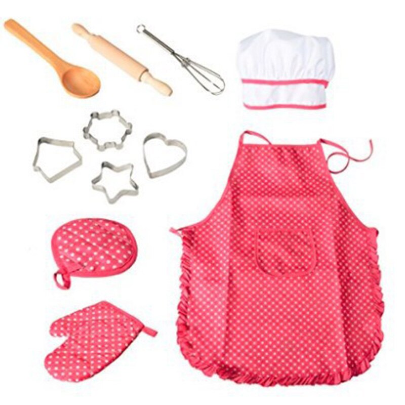 Tablier Junior pour enfants, costume de Chef avec poche, chapeau, boisson, outil de nourriture, accessoires de cuisine familiale, 11 pièces/ensemble: red opp bag