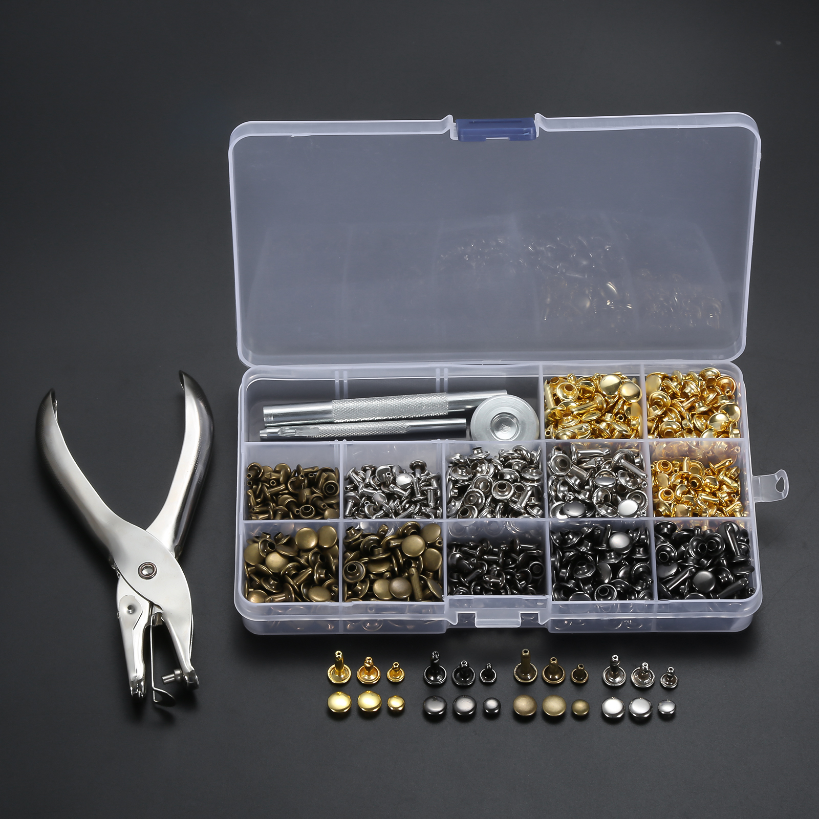 Remaches de cuero de doble tapa, tachuelas tubulares de Metal + alicates de perforación + herramienta de ajuste de 3 piezas para artesanía de cuero, juegos de 240/300/360/480: 480 Sets