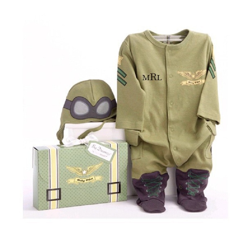 Flieger Baby Rompers + Kappe Jungen Kleidung neugeboren Overall Kleinkind Kleidung Insgesamt Bebe Roupas Pilot Kostümich Grün Outfits Spitzen