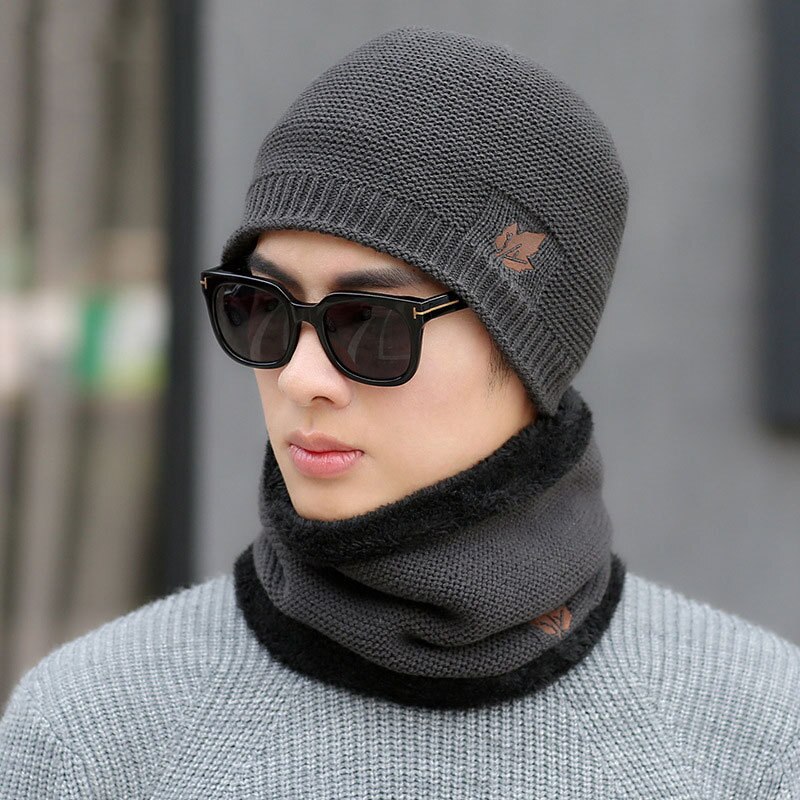 Heren winter muts en sjaal set tweedelig dames dikker winter warme set dames mutsen ring sjaals heren unisex skullies muts: Grijs / Hoed