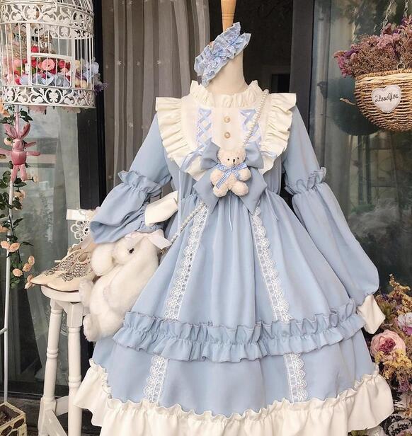 Traje de Lolita de boda de Súper Hada japonés, vestido de princesa completo, vestido, estudiante lolita, vestido Lolita, vestido, falda con volantes,: blue  Only skirt / L  Large size