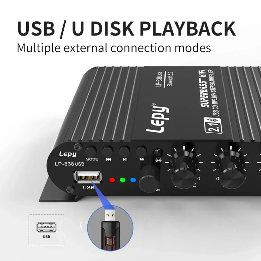 Wzmacniacz audio LEPY 838USB Bluetooth 5.0 Cyfrowy wzmacniacz basowy s HIFI Kanał 2.1 Samochodowy wzmacniacz domowy Sterownik USB Bezstratna muzyka DC12V