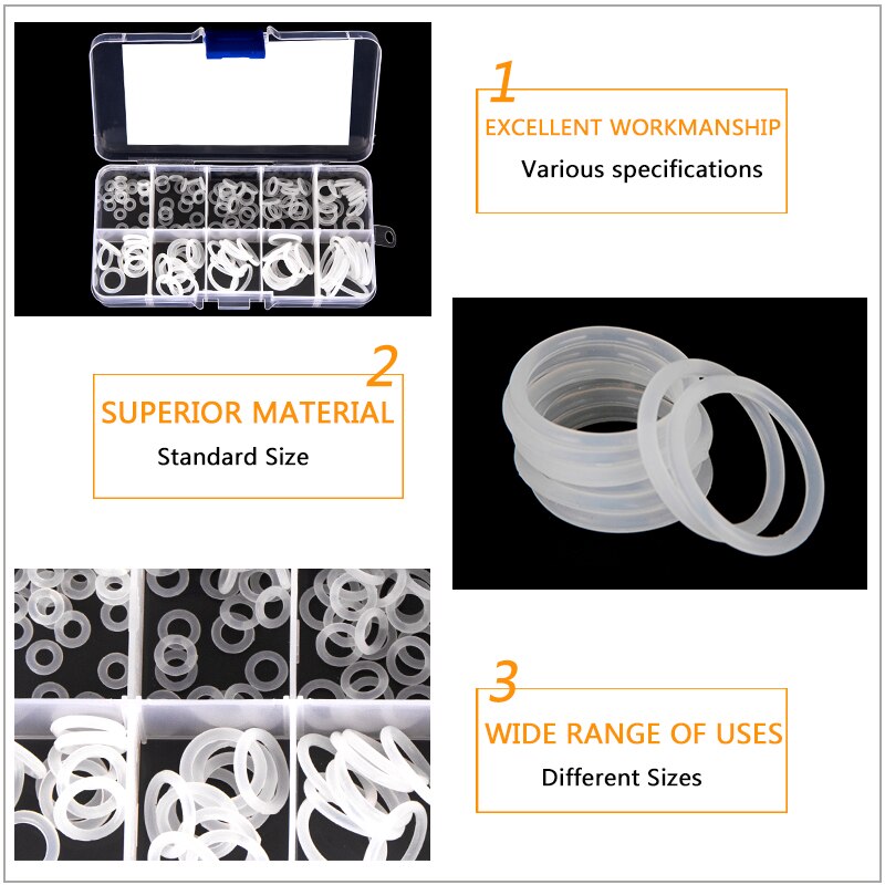 Silicone VMQ Blanc Joints toriques OD 6mm-20mm CS 1.5mm 1.9mm Durable JOINTS TORIQUES Assortiment Kit 10 Tailles 150 Pièces/ensemble BG037