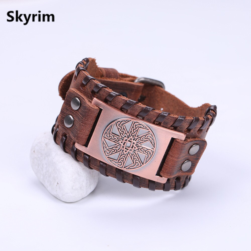 Skyrim-pulsera de cuero eslava para hombre, anís estrellado, amuleto redondo cerrado, pulsera ancha trenzada, brazalete Vikingo, joyería Vintage: Wide brown-copper