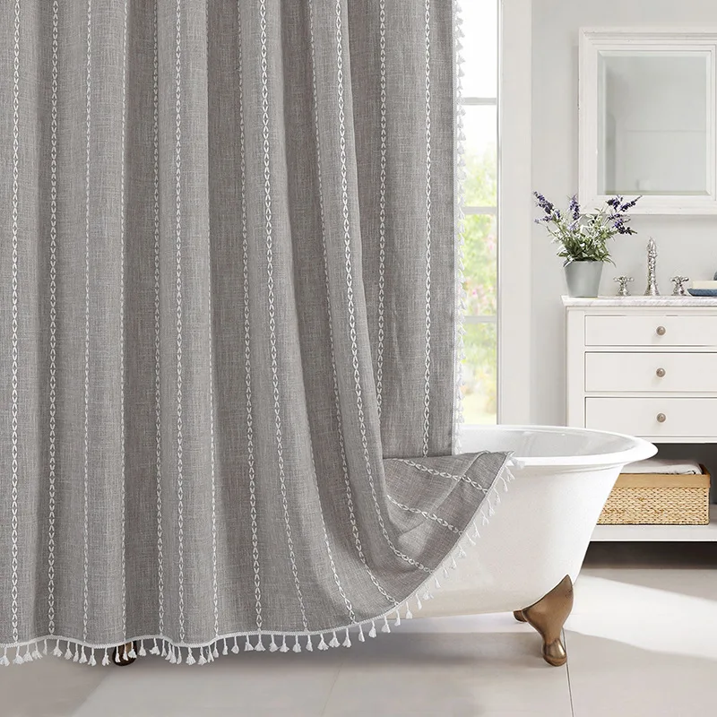 Cortina de ducha impermeable de lino Jacquard, cortina de baño a prueba de moho de estilo Pastoral a cuadros pequeños y frescos
