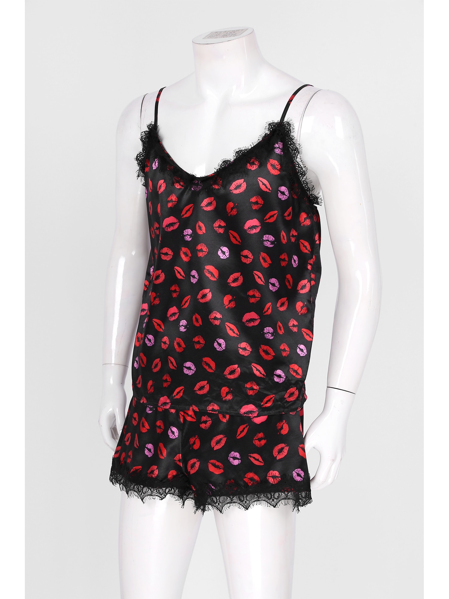 Men Lips Printing Two-piece Pajama Set Sissy Nightwear Lace Trim Sleepwear Adjustable Spaghetti Strap Vest With Shorts Sleeper