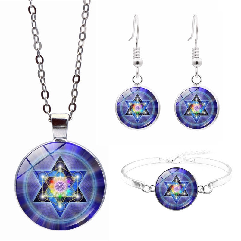 Heilige Geometrie Hexagram Magic Array Glas Hanger Ketting Armband Oorbellen Sieraden Set Totaal 4 Stuks Voor Vrouwen Mode