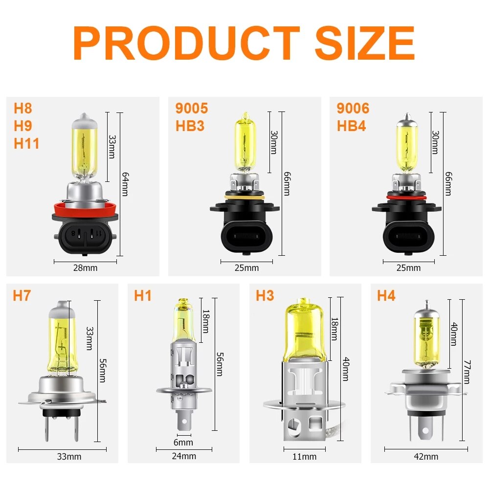 2pcs 55W 12V 2800K Yellow Halogen Bulbs H1 H3 H4 H7 H8 H9 H11 HB3 HB4 Fog Lights 1500LM Car Headlight