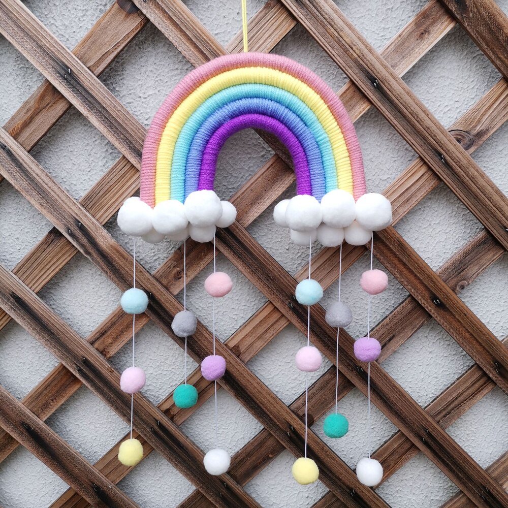 Färgglad regnbåge macrame vägghängande dekoration bomull tofs barnrum inredning boho barnkammare studenthem vävd pom pom boll prydnad