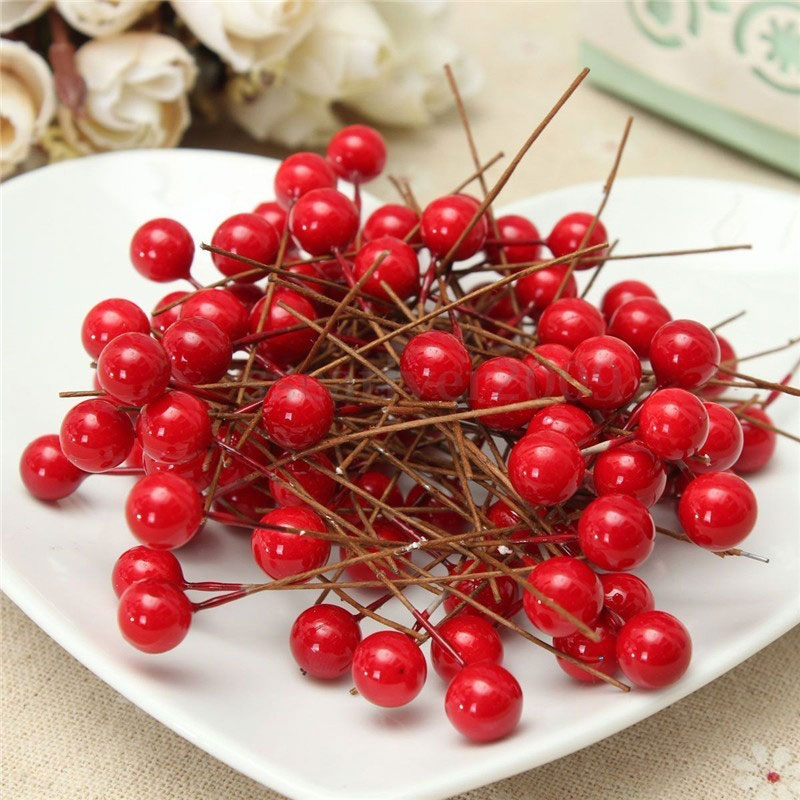 100pcs Mini Christmas Simulation Red Berries Xmas Tree Decoration Pendant Artificial Fruit Cherry Year