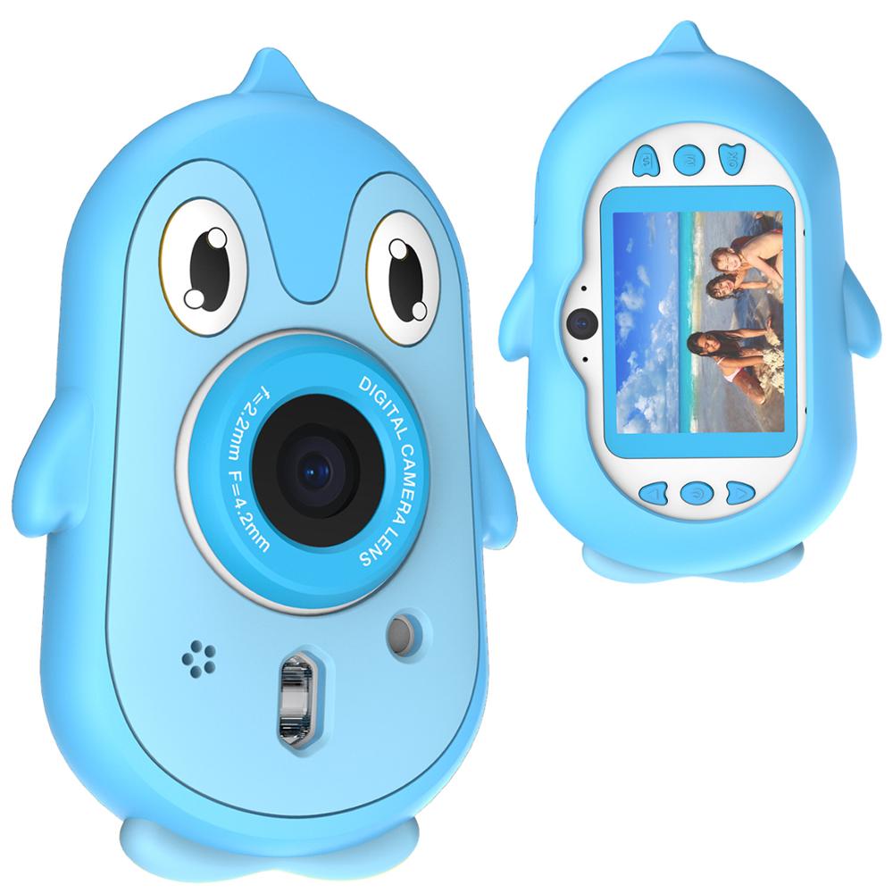 Crianças câmera digital 2mp 1080p pinguim bonito ip68 à prova dip68 água de vídeo 2.4 polegada tela jogo crianças câmera presente natal cartão memória: Blue