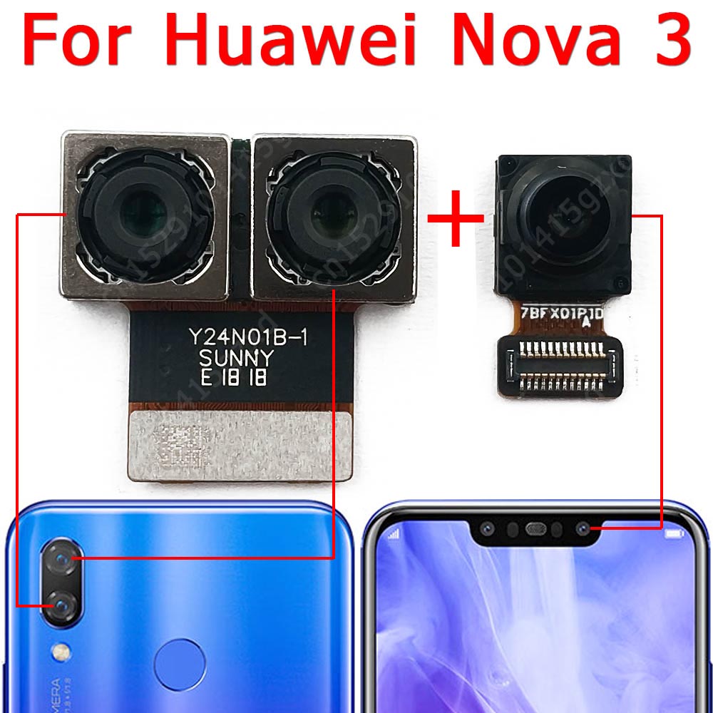 Alkuperäinen taka-etukamera huawei nova 3 3e 3i takapuoli pieni etu takaselfie kamera moduuli flex korjaus varaosat: Nova 3 takana edessä